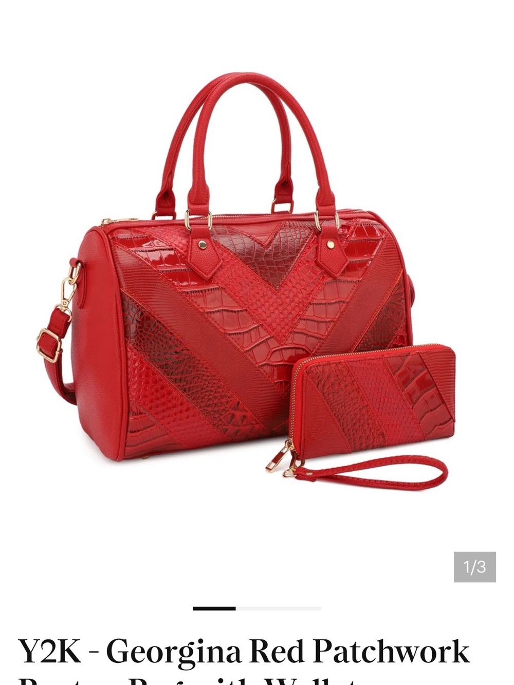 Designer-Inspired Red Patchwork Satchel | Includes Matching Wallet - Picture 3 of 15